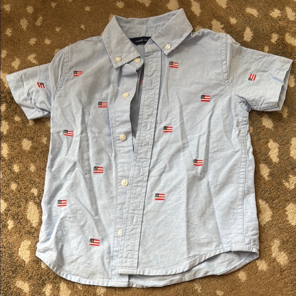 Kids Blue Button-Up Shirt with Flag Embroidery